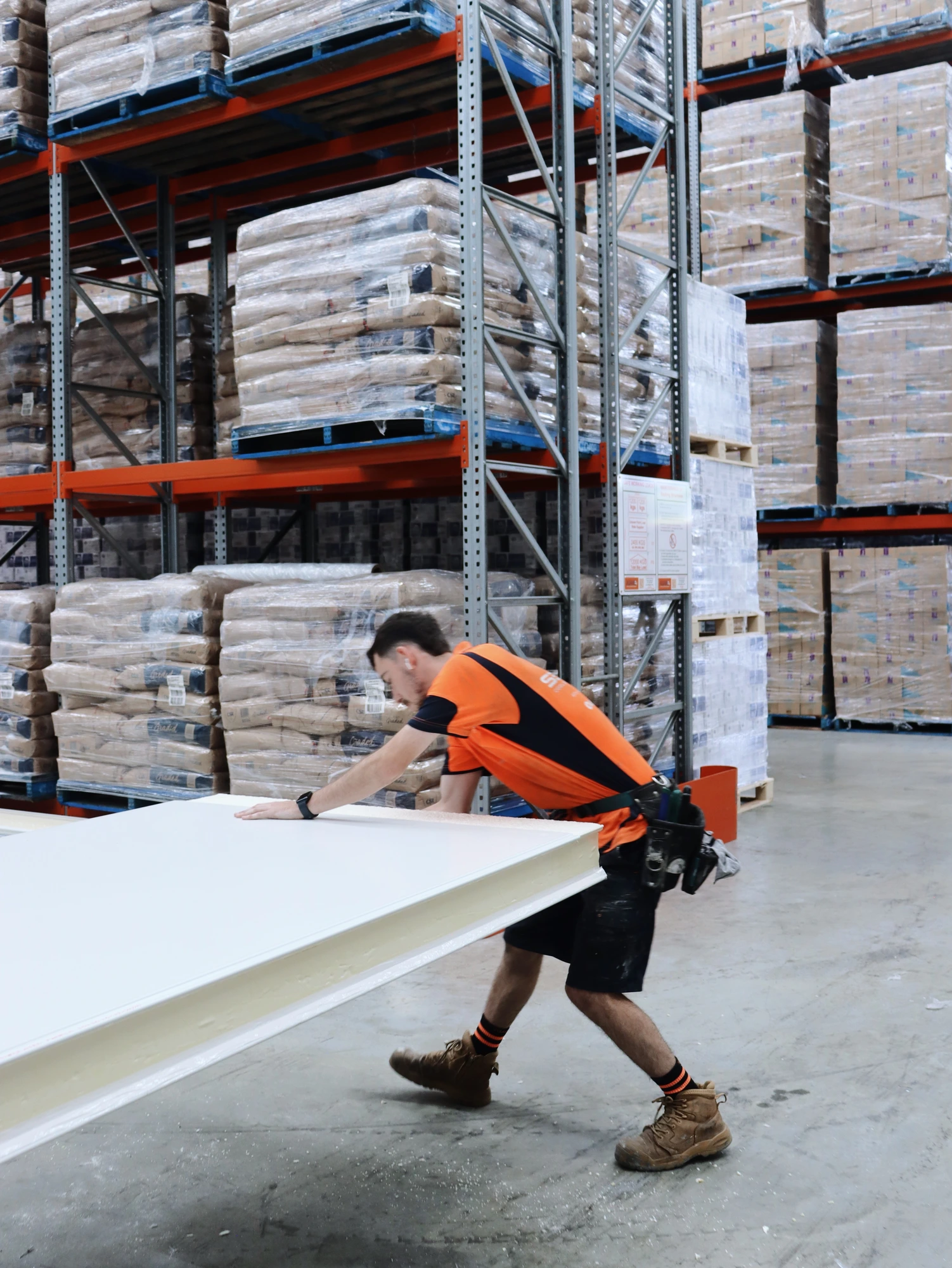 Installer walking a full length cool room panel through the working Chullora warehouse
