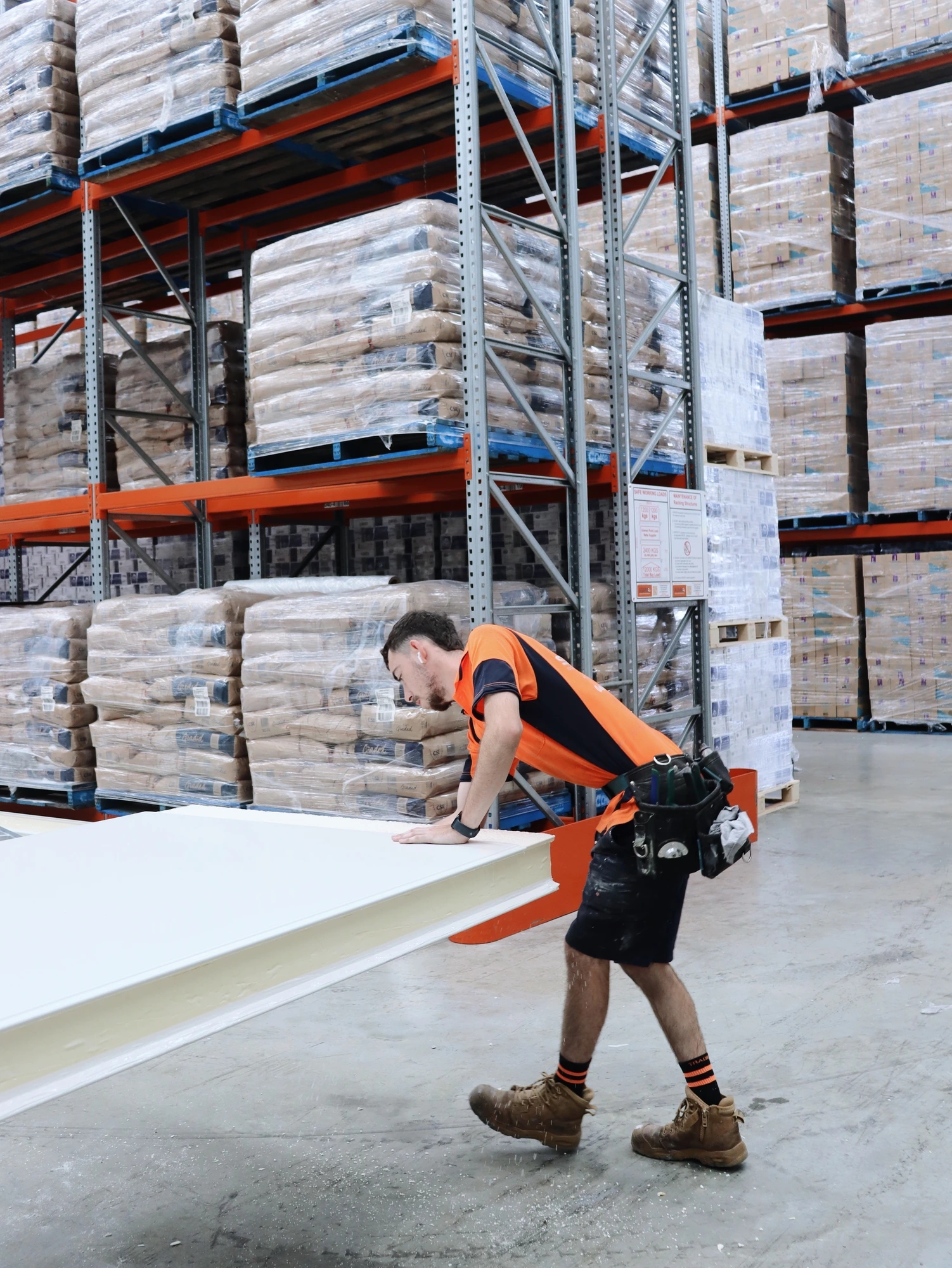 Moving the next full length insulated panel between the stocked racking aisles at Chullora